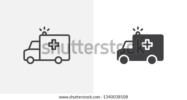 Ambulance truck with siren icon. line and glyph\
version, outline and filled vector sign. Ambulance car with medical\
cross linear and full pictogram. Symbol logo illustration.\
Different style icons\
set
