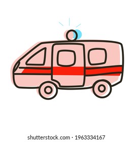 Ambulance typewriter drawing in doodle style for children. Isolated element on a white background.