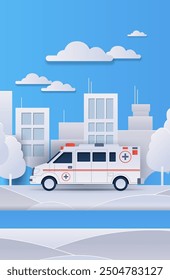 Ambulance in urban scene with buildings trees and clouds in paper cut style