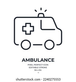Ambulance and urgency concept editable stroke outline icon isolated on white background flat vector illustration. Pixel perfect. 64 x 64.
