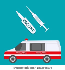 Ambulance, vaccine ampoule, syringe, - vector. Protection against viral infection. Medical vaccination.