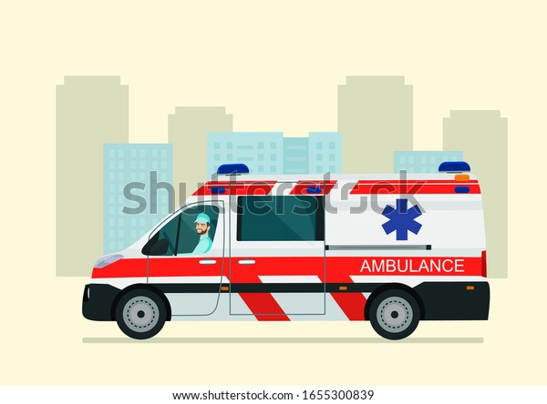 Ambulance van against the background\
of an abstract cityscape. Vector flat style\
illustration.