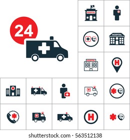 ambulance van around the clock icon, medical set on white background