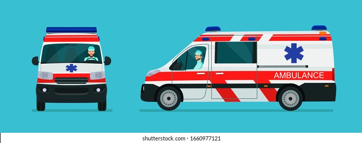 Ambulance van car two angle set. Car with driver man side view and front view. Vector flat style illustration.