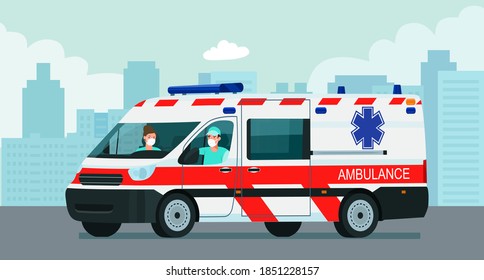 Ambulance Van With A Driver And Doctor In A Medical Mask Against The Background Of An Abstract Cityscape. Vector Flat Style Illustration.