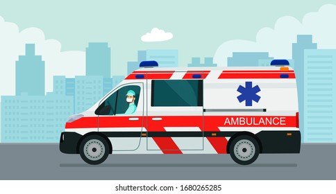 Ambulance van with a driver in a medical mask against the background of an abstract cityscape. Vector flat style illustration.