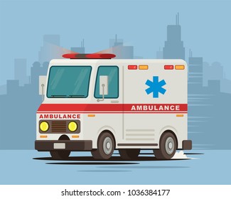 Ambulance van emergency driving in the city. Flat cartoon vector illustration