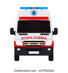 Ambulance van flat vector front view. Help emergency auto red transportation rescue