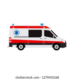 Ambulance van flat vector side view. Help emergency auto red transportation rescue