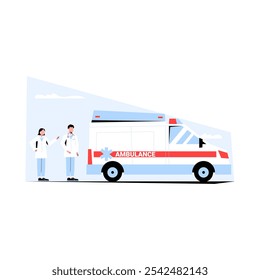 Ambulance Van With Two Medical Professionals In Flat Vector Illustration Symbolizing Emergency Response, Healthcare, And Medical Services, Isolated On White Background.