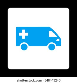 Ambulance Van vector icon. Style is flat rounded square button, blue and white colors, black background.