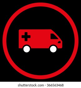 Ambulance Van vector icon. Style is bicolor flat circled symbol, red and white colors, rounded angles, black background.