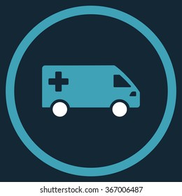 Ambulance Van vector icon. Style is bicolor flat circled symbol, blue and white colors, rounded angles, dark blue background.