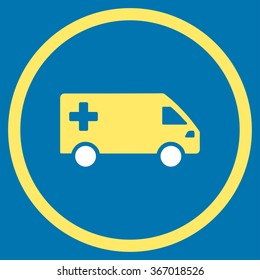 Ambulance Van vector icon. Style is bicolor flat circled symbol, yellow and white colors, rounded angles, blue background.