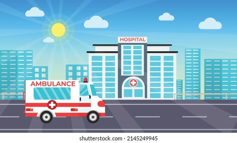 Ambulance vector with a hospital in an urban area. An ambulance carrying patients and getting into the hospital on a sunny day concept. Urban area medical or hospital with tall buildings vector.