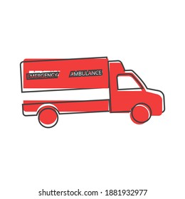 Ambulance vector icon cartoon style on white isolated background.