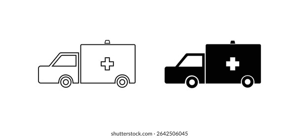 Ambulance vector icon. Patient transport vehicle vector icon. Medical transport car icon. Ambulance truck vector icon.