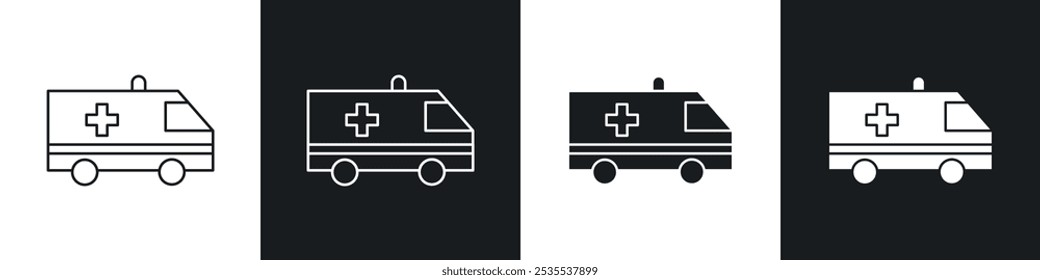 Ambulance vector icon set in black and white. EPS 10 illustration