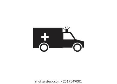 Ambulance vector illustration in black and white with a medical cross on the side. The simple design shows an emergency vehicle with a siren, perfect for healthcare visuals.