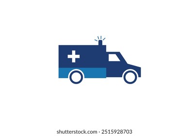 Ambulance vector illustration in blue and white with a medical cross symbol. The design shows an emergency vehicle with a siren on top, ideal for healthcare visuals.