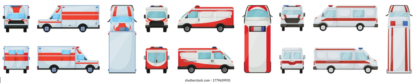 Ilustración vectorial de ambulancia sobre fondo blanco. Icono de juego de caricaturas aislado de emergencia. ambulancia de ícono de conjunto de dibujos animados.