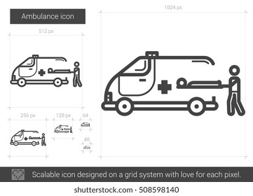 Icono de línea vectorial de ambulancia aislado en fondo blanco. Icono de línea de ambulancia para infografía, sitio web o aplicación. Icono escalable diseñado en un sistema de cuadrícula.