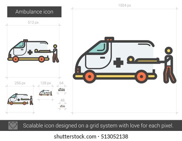 Ambulance vector line icon isolated on white background. Ambulance line icon for infographic, website or app. Scalable icon designed on a grid system.