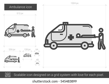 Ambulance vector line icon isolated on white background. Ambulance line icon for infographic, website or app. Scalable icon designed on a grid system.