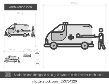 Ambulance vector line icon isolated on white background. Ambulance line icon for infographic, website or app. Scalable icon designed on a grid system.