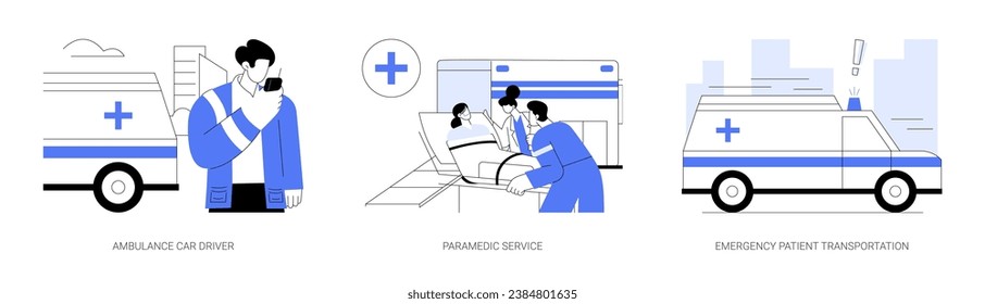 Conjunto de ilustraciones vectoriales abstractas de vehículos de ambulancia. Auto de ambulancia con luces intermitentes en la carretera, servicio paramédico, transporte de pacientes de emergencia, metáfora abstracta de salud.