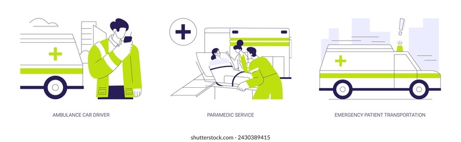Conjunto de ilustración vectorial de concepto abstracto de vehículo de ambulancia. Coche de ambulancia con luces intermitentes en la carretera, servicio paramédico, transporte de pacientes de emergencia, metáfora abstracta de la atención médica.