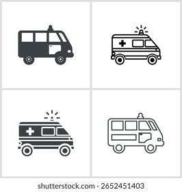 Conjunto de ícones do veículo da ambulância Transporte de emergência médica Símbolo de assistência médica Serviço de salvamento de vidas Cuidado ao paciente Primeiros socorros