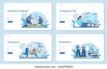 Ambulance Web Banner Or Landing Page Set. Emergency Doctor In The Uniform Performing First Aid. Paramedics Urgent Care. Healthcare, Modern Medicine Treatment. Flat Vector Illustration