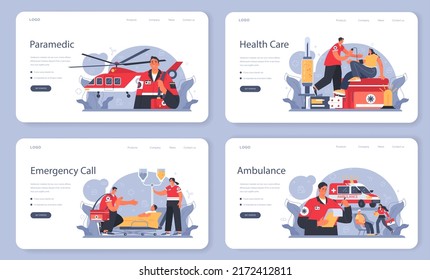 Ambulance web banner or landing page set. Emergency medical technician in the uniform performing first aid. Paramedics urgent care. Healthcare, modern medicine treatment. Flat vector illustration