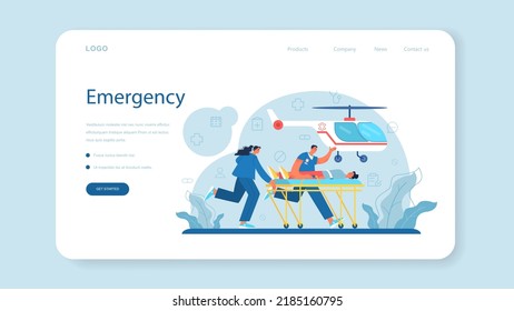 Ambulance web banner or landing page. Emergency doctor in the uniform performing first aid. Paramedics urgent care. Healthcare, modern medicine treatment. Flat vector illustration