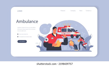 Ambulance web banner or landing page. Emergency medical technician in the uniform performing first aid. Paramedics urgent care. Healthcare, modern medicine treatment. Flat vector illustration