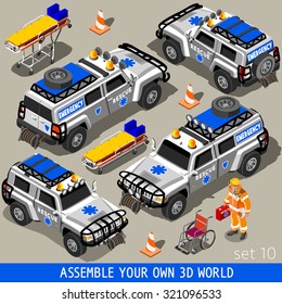 Ambulance White Rescue SUV Vehicle. palette 3D Flat Vector Icon Set. First Aid Equipment and Paramedic Man. Assemble your Own 3D World JPG JPEG Image Drawing Object Picture Graphic Art EPS 10 AI