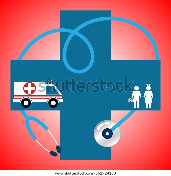Ambulance,Emergency Car with Doctor\
Nurse in First Aid Sign with Stethoscope.Vector\
Illustration.Concept of Medical\
Business,Healthcare.