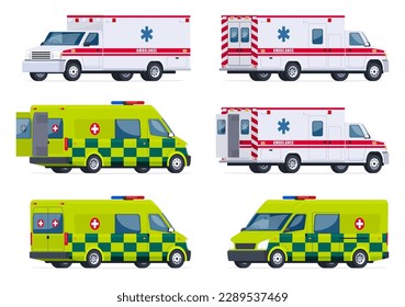 Ambulances. Specially equipped vans for providing assistance to the sick. Vector illustration