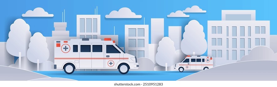 Ambulances in urban setting with buildings trees and clouds in paper cut style