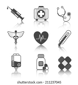 Ambulatory healthcare medical pharmaceutical icons set with heart stethoscope asclepius emblem abstract black isolated vector illustration