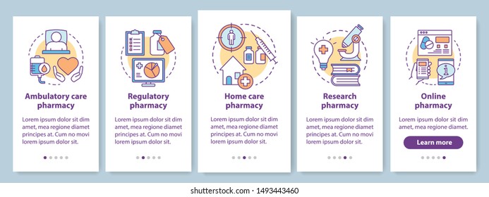 Ambulatory and home care pharmacy onboarding mobile app page screen with linear concepts. Drug research. Five walkthrough steps graphic instructions. UX, UI, GUI vector template with illustrations