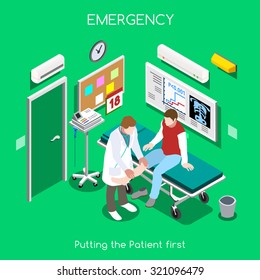 Ambulatory Hospital Room Clinic Accident Emergency aid Department Infographic. Disease Hospitalization Room Medical Doctor Patient interview.Health Care Department 3D Isometric People medicine Vector