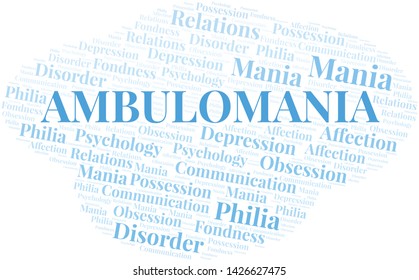 Ambulomania word cloud. Type of mania, made with text only.