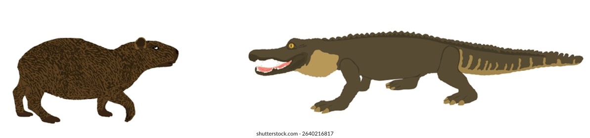 Ilustración vectorial de capibara de ataque de cocodrilo de emboscada aislada. Superviviente que riega el lugar de batalla poderoso reptil contra el animal roedor más grande. Caimán carnívoro depredador al acecho presa. Caza de caimanes.