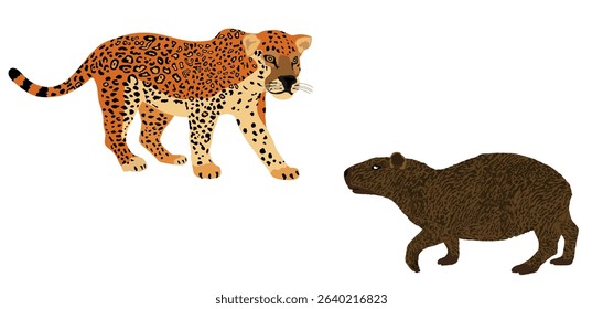 Emboscada jaguar ataque capybara Ilustración vectorial aislada. Superviviente que riega el lugar lucha contra un poderoso gato salvaje contra el mayor animal roedor. Depredador carnívoro felino pantera acechando presa.