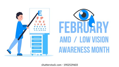 AMD, Low vision awareness month event is celebrated in February. Medical ophthalmologist eyesight check up concept vector. Eye doctor illustration for health care web banner, post.