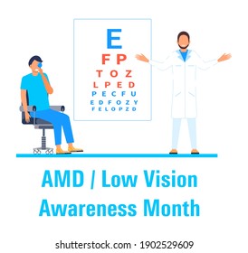 AMD, Low vision awareness month event is celebrated in February. Medical ophthalmologist eyesight check up concept vector. Eye doctor illustration for health care web banner, post.