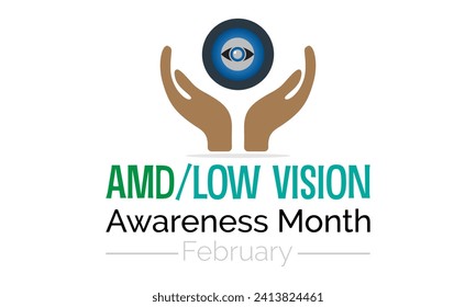 Amd low vision Bewusstsein Monat beobachtet jedes Jahr im Februar. Vektorgesundheitsbanner, Poster, Vorlagendesign.