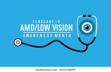 Amd low vision awareness month observed every year in month of February. Banner, poster, card template design. Health awareness.
